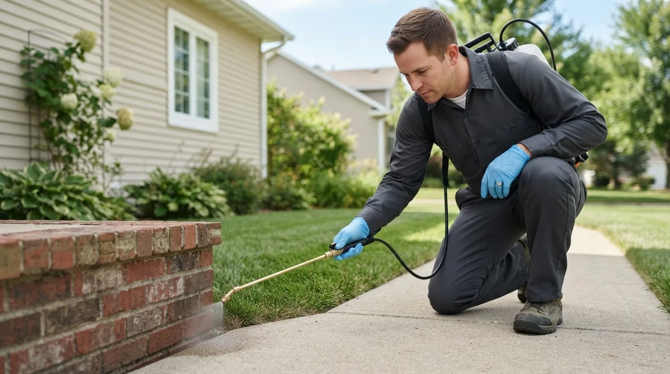 Pest control technician treating a home near Zumbro Falls, MN
