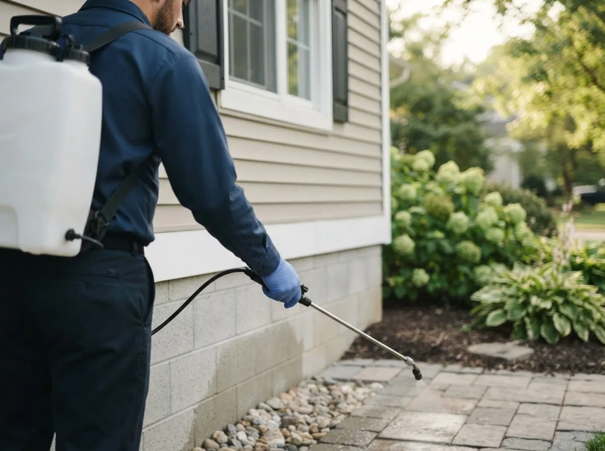 Pest control technician inspecting a home in Zumbro Falls, MN